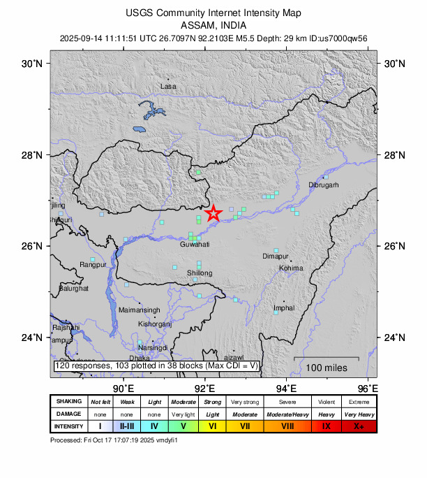 USGS DYFI community-reported intensity map for the M5.5 earthquake near 11 km ESE of Udalguri, India