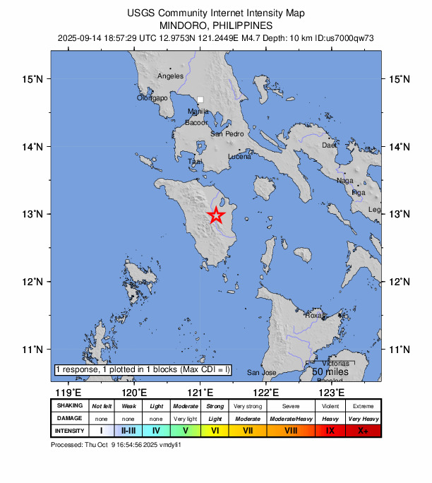 USGS DYFI community-reported intensity map for the M4.7 earthquake near 13 km WNW of Malamig, Philippines