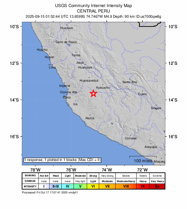 USGS DYFI community-reported intensity map for the M4.9 earthquake near 23 km WSW of Vilcanchos, Peru