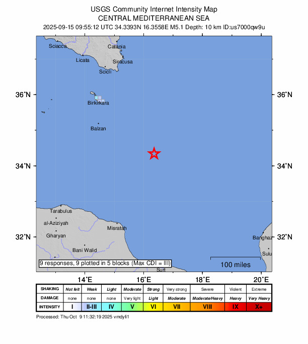 USGS DYFI community-reported intensity map for the M5.1 earthquake near 234 km SE of Birżebbuġa, Malta