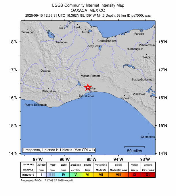 USGS DYFI community-reported intensity map for the M4.5 earthquake near 6 km NW of Santa Rosa, Mexico
