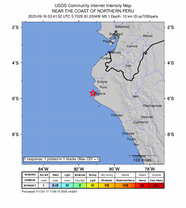 USGS DYFI community-reported intensity map for the M5.1 earthquake near 44 km WSW of Sechura, Peru
