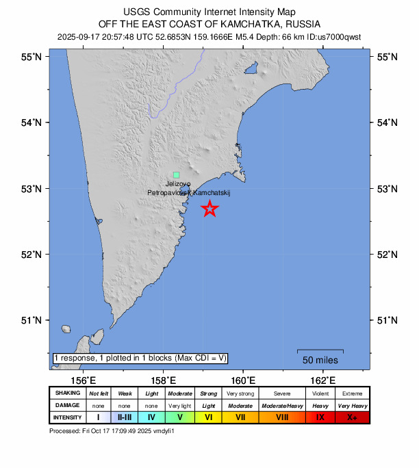 USGS DYFI community-reported intensity map for the M5.4 earthquake near 66 km SE of Petropavlovsk-Kamchatsky, Russia