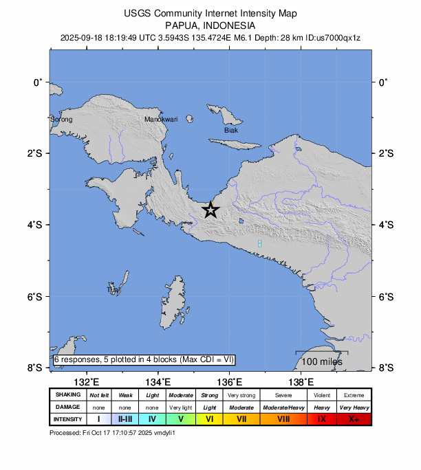 USGS DYFI community-reported intensity map for the M6.0 earthquake near 26 km S of Nabire, Indonesia