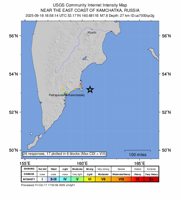 USGS DYFI community-reported intensity map for the M7.8 earthquake near 140 km E of Petropavlovsk-Kamchatsky, Russia