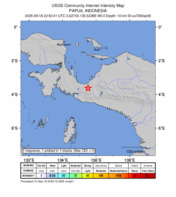 USGS DYFI community-reported intensity map for the M5.0 earthquake near 24 km SSE of Nabire, Indonesia