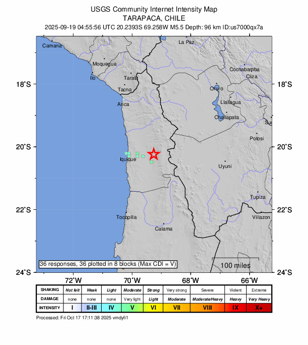 USGS DYFI community-reported intensity map for the M5.5 earthquake near 42 km ENE of La Tirana, Chile
