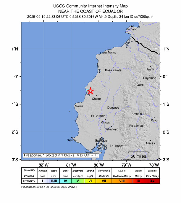 USGS DYFI community-reported intensity map for the M4.9 earthquake near 13 km ENE of Bahía de Caráquez, Ecuador