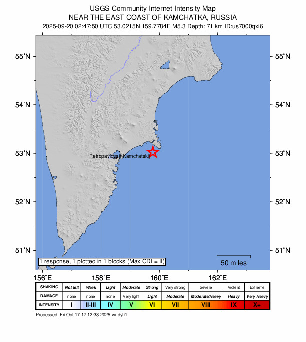 USGS DYFI community-reported intensity map for the M5.1 earthquake near 81 km E of Petropavlovsk-Kamchatsky, Russia