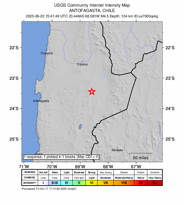 USGS DYFI community-reported intensity map for the M4.5 earthquake near 71 km SSW of San Pedro de Atacama, Chile