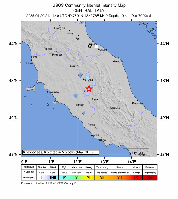 USGS DYFI community-reported intensity map for the M4.2 earthquake near 4 km SSE of San Terenziano, Italy