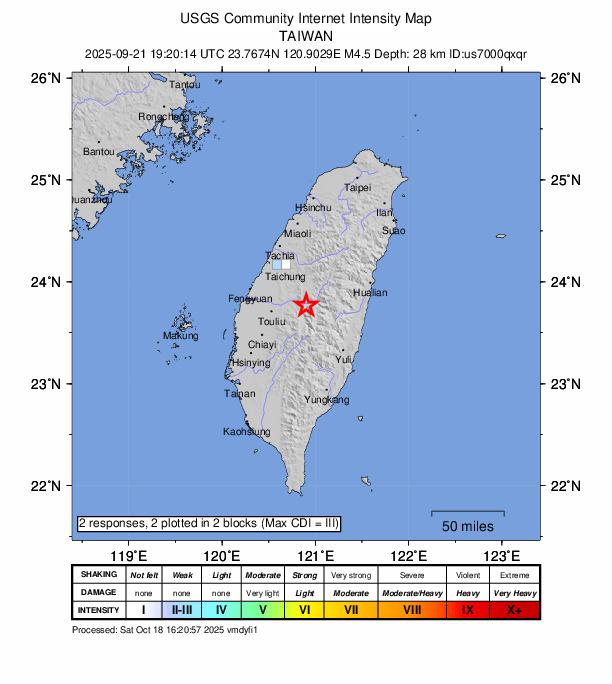 USGS DYFI community-reported intensity map for the M4.5 earthquake near 15 km E of Lugu, Taiwan