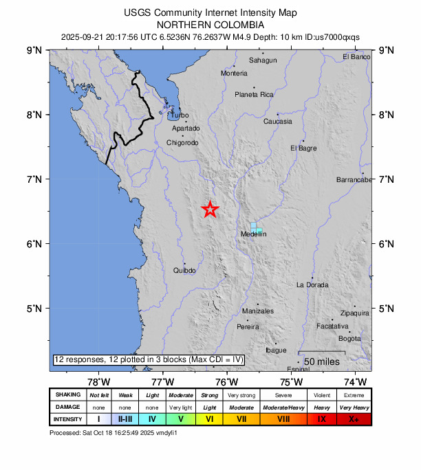 USGS DYFI community-reported intensity map for the M4.9 earthquake near 25 km WSW of Abriaquí, Colombia