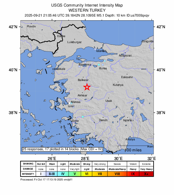 USGS DYFI community-reported intensity map for the M5.1 earthquake near 8 km SW of Sındırgı, Turkey