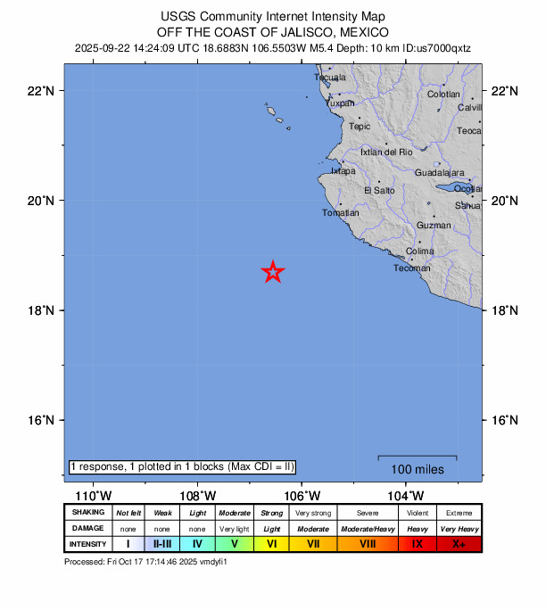 USGS DYFI community-reported intensity map for the M5.4 earthquake near 180 km SW of José María Morelos, Mexico