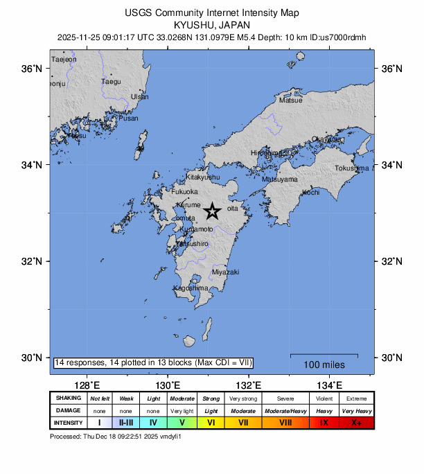 USGS DYFI community-reported intensity map for the M5.3 earthquake near 10 km N of Aso, Japan