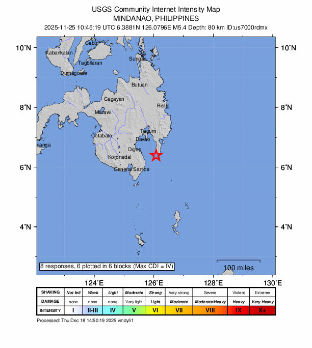 USGS DYFI community-reported intensity map for the M5.4 earthquake near 3 km SE of Pondaguitan, Philippines