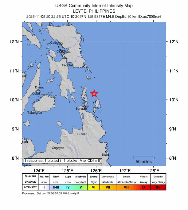 USGS DYFI community-reported intensity map for the M4.5 earthquake near 24 km NNW of Santa Monica, Philippines