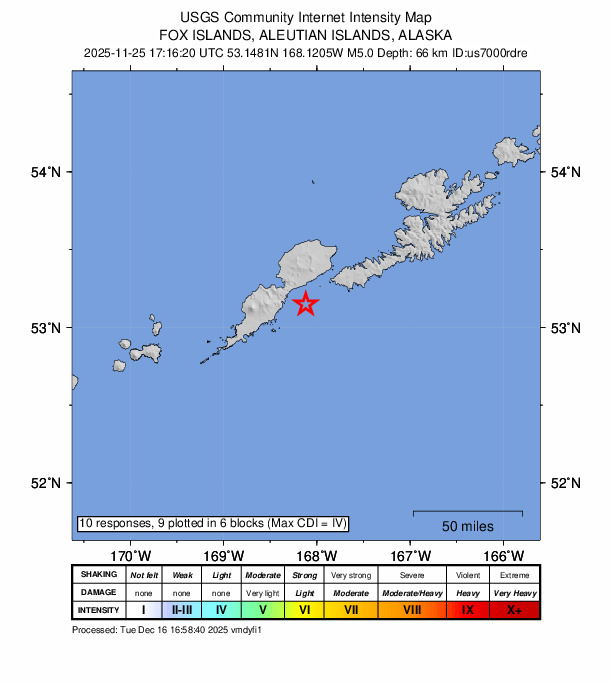 USGS DYFI community-reported intensity map for the M5.0 earthquake near 54 km ENE of Nikolski, Alaska