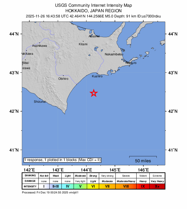 USGS DYFI community-reported intensity map for the M5.0 earthquake near 58 km S of Kushiro, Japan