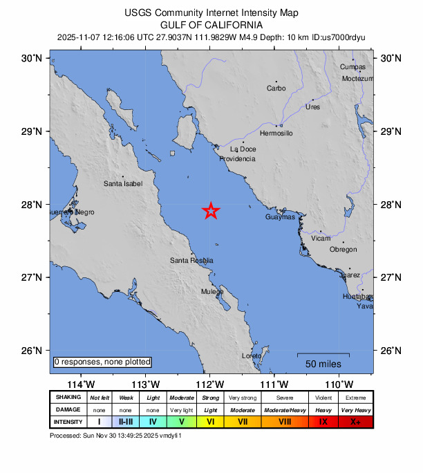 USGS DYFI community-reported intensity map for the M4.9 earthquake near 71 km NNE of Santa Rosalía, Mexico