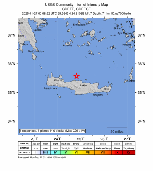 USGS DYFI community-reported intensity map for the M4.7 earthquake near 19 km NE of Pánormos, Greece