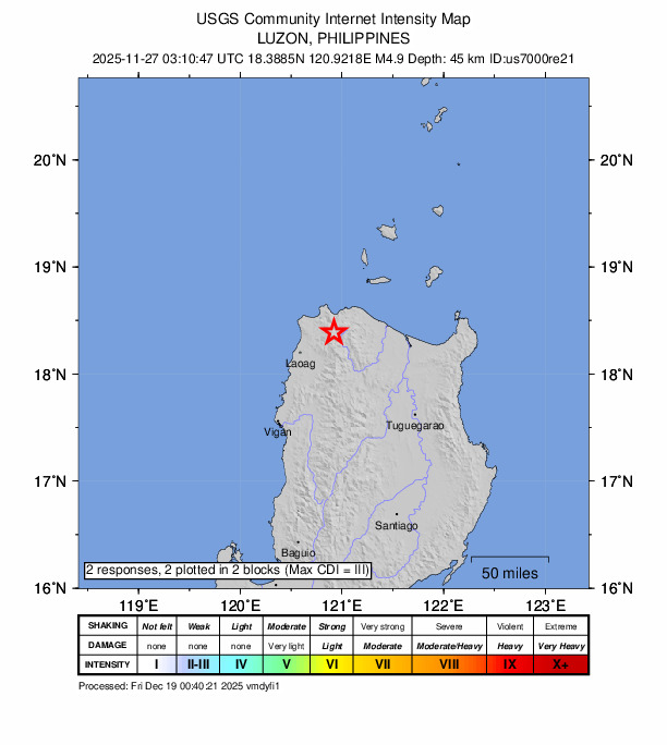 USGS DYFI community-reported intensity map for the M4.9 earthquake near 23 km SE of Bangui, Philippines