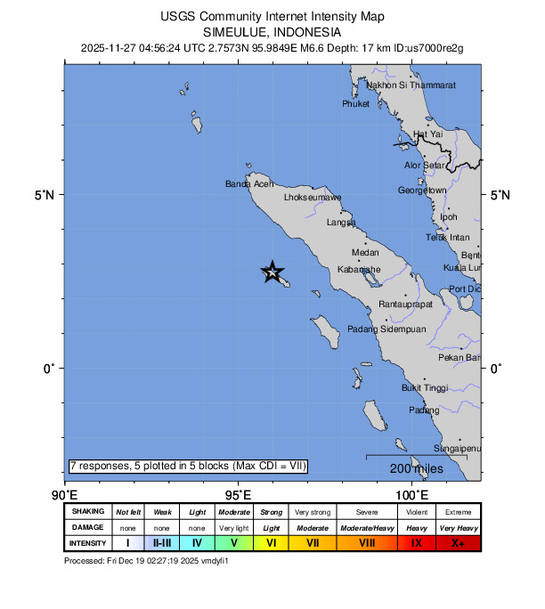 USGS DYFI community-reported intensity map for the M6.4 earthquake near 54 km WNW of Sinabang, Indonesia