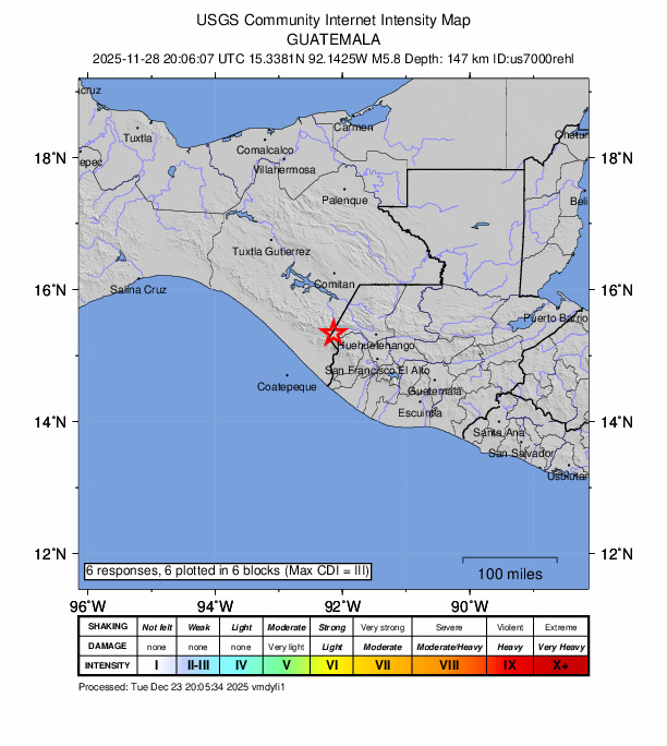 USGS DYFI community-reported intensity map for the M5.8 earthquake near 7 km S of Amatenango de la Frontera, Mexico