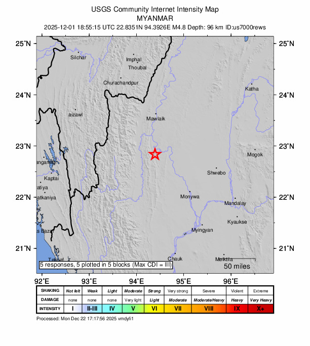 USGS DYFI community-reported intensity map for the M4.8 earthquake near 81 km E of Falam, Burma (Myanmar)