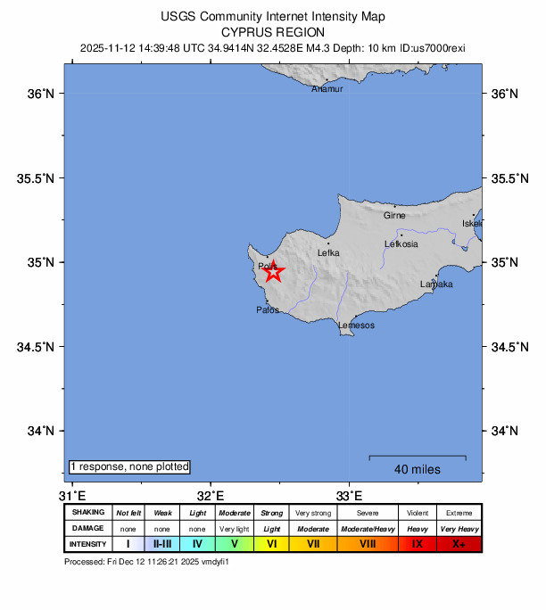 USGS DYFI community-reported intensity map for the M4.3 earthquake near 7 km SW of Meládeia, Cyprus