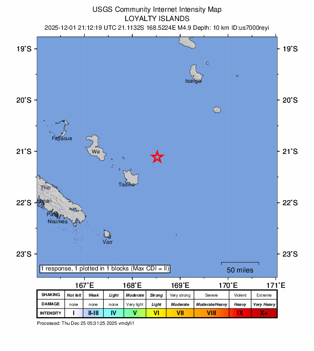 USGS DYFI community-reported intensity map for the M4.9 earthquake near 82 km NE of Tadine, New Caledonia