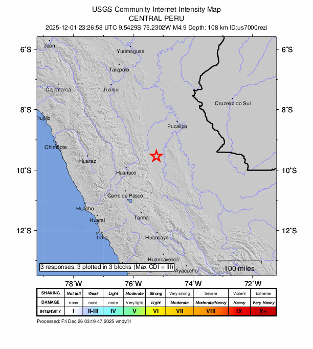 USGS DYFI community-reported intensity map for the M4.9 earthquake near 29 km WNW of Yuyapichis, Peru