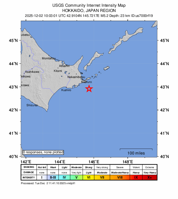 USGS DYFI community-reported intensity map for the M5.0 earthquake near 43 km SSW of Nemuro, Japan