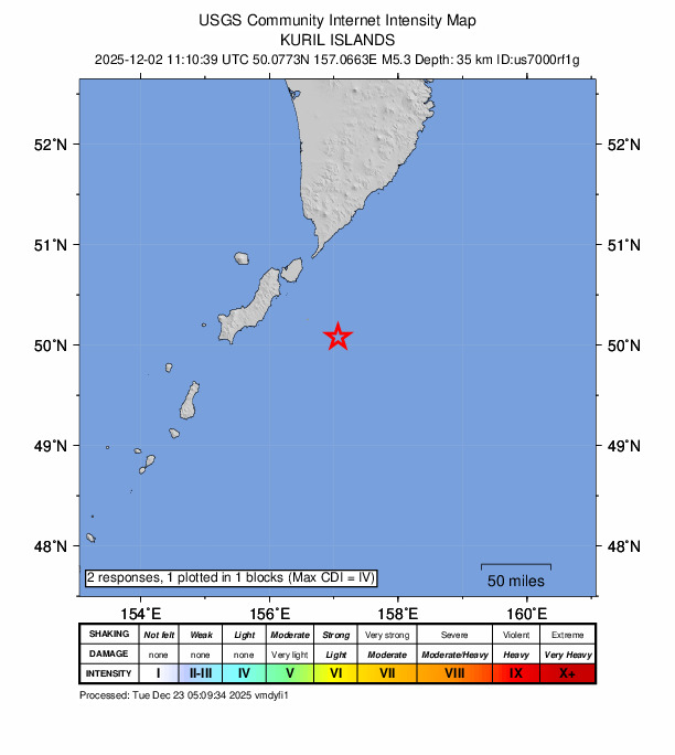 USGS DYFI community-reported intensity map for the M5.1 earthquake near 95 km SE of Severo-Kuril’sk, Russia