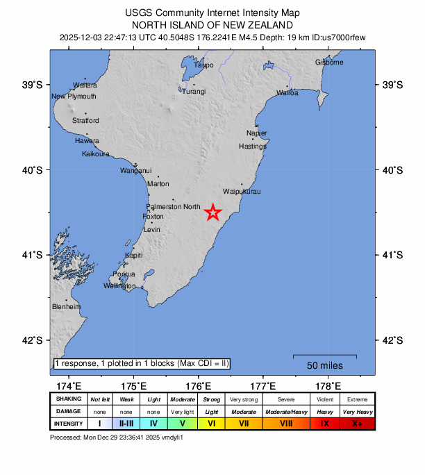 USGS DYFI community-reported intensity map for the M4.5 earthquake near 32 km ESE of Mangatainoka, New Zealand