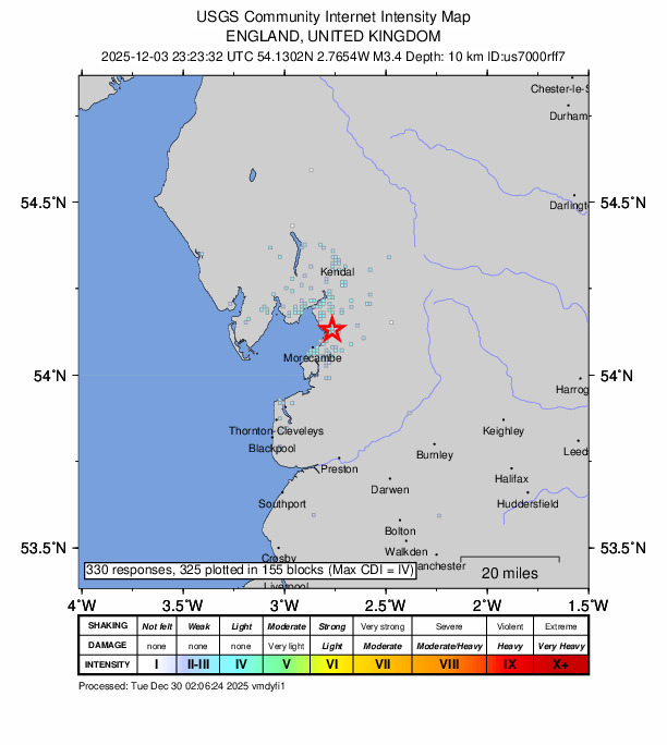 USGS DYFI community-reported intensity map for the M3.4 earthquake near 0 km ESE of Carnforth, United Kingdom