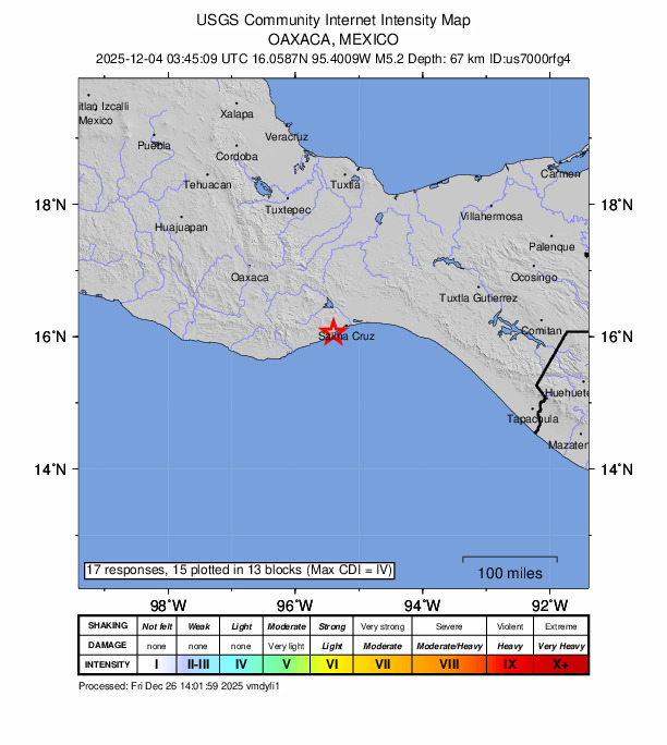 USGS DYFI community-reported intensity map for the M5.2 earthquake near 9 km SE of Santiago Astata, Mexico