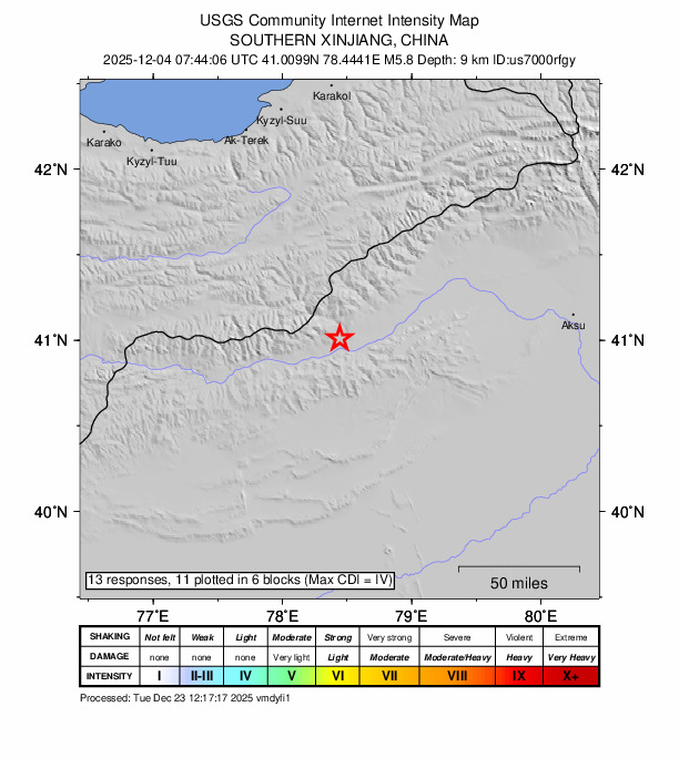 USGS DYFI community-reported intensity map for the M5.8 earthquake near 136 km NNW of Tumxuk, China