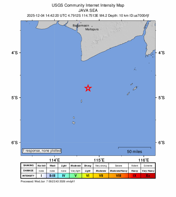 USGS DYFI community-reported intensity map for the M4.2 earthquake near 153 km S of Martapura, Indonesia