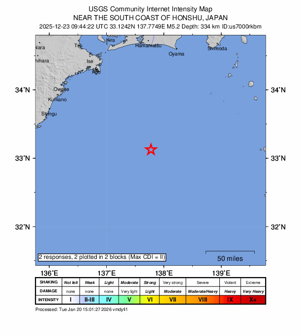 USGS DYFI community-reported intensity map for the M5.2 earthquake near 160 km SSE of Shima, Japan