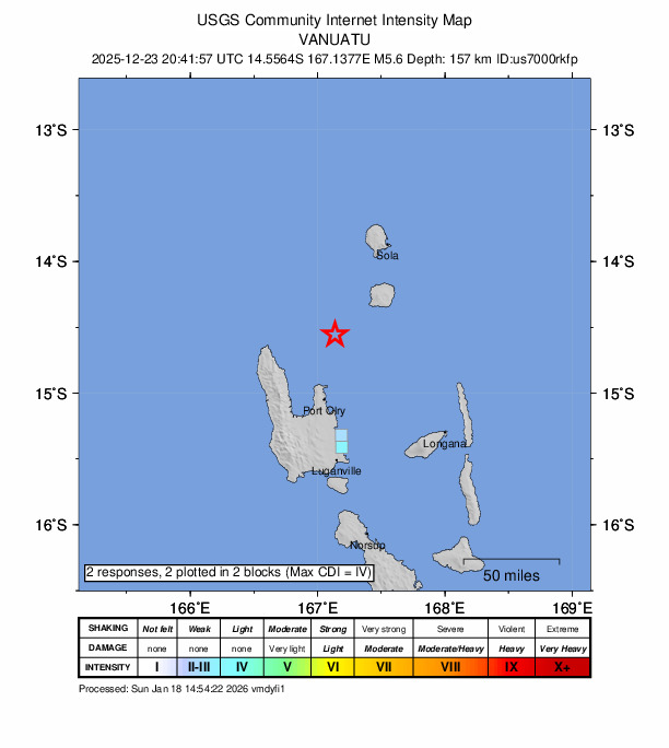 USGS DYFI community-reported intensity map for the M5.6 earthquake near 54 km N of Port-Olry, Vanuatu