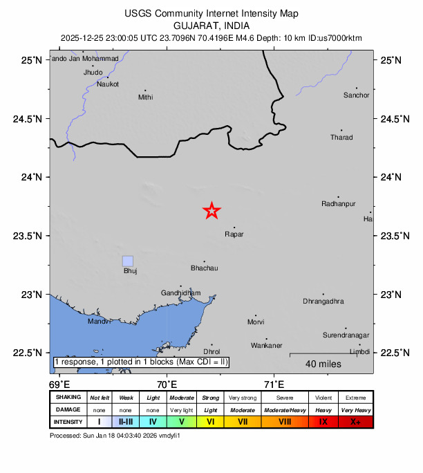 USGS DYFI community-reported intensity map for the M4.6 earthquake near 27 km WNW of Rāpar, India