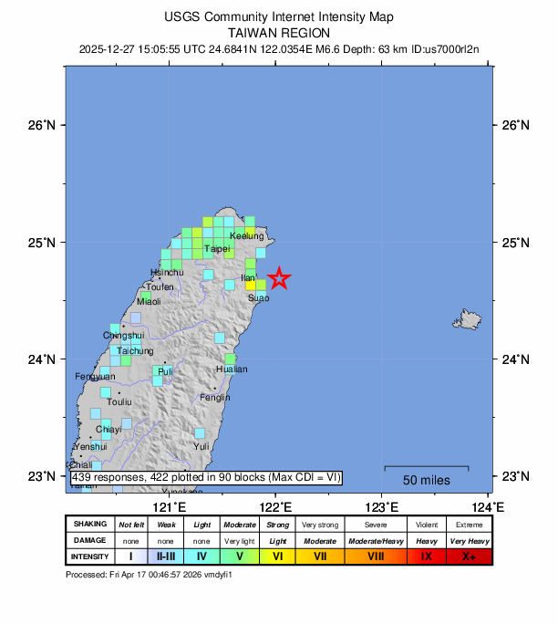 USGS DYFI community-reported intensity map for the M6.6 earthquake near 29 km ESE of Yilan, Taiwan