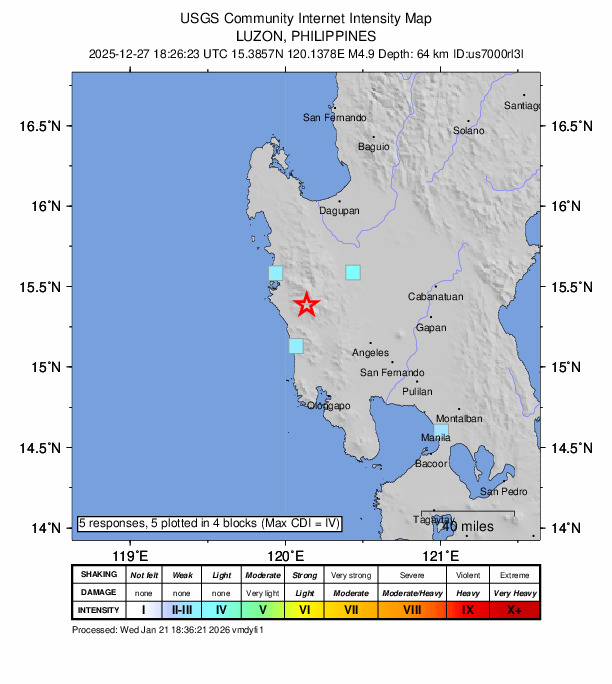 USGS DYFI community-reported intensity map for the M4.9 earthquake near 13 km NE of San Juan, Philippines