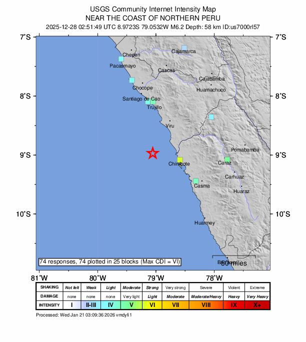 USGS DYFI community-reported intensity map for the M6.2 earthquake near 43 km W of Puerto Santa, Peru
