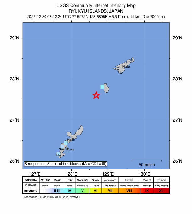 USGS DYFI community-reported intensity map for the M5.5 earthquake near 19 km NNE of Wadomari, Japan