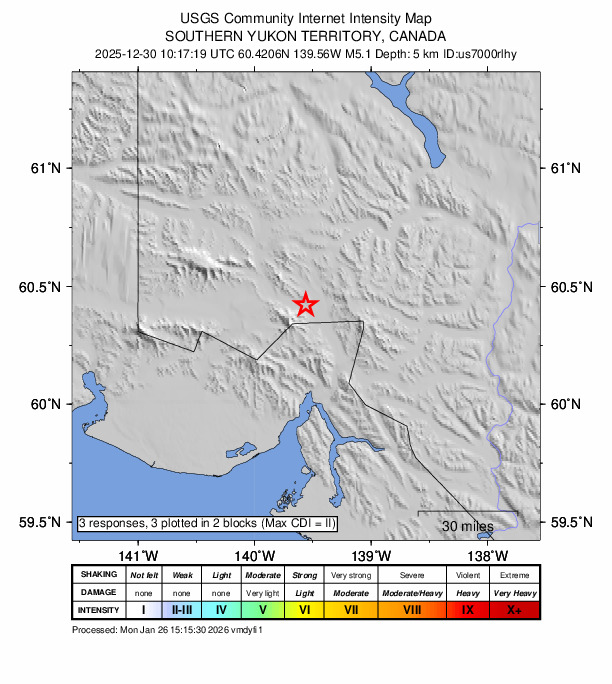 USGS DYFI community-reported intensity map for the M5.1 earthquake near 97 km N of Yakutat, Alaska