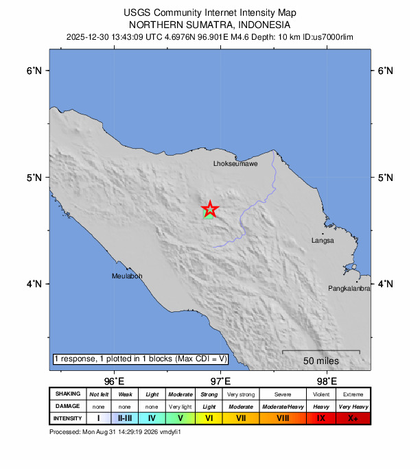 USGS DYFI community-reported intensity map for the M4.6 earthquake near 60 km SSW of Lhokseumawe, Indonesia
