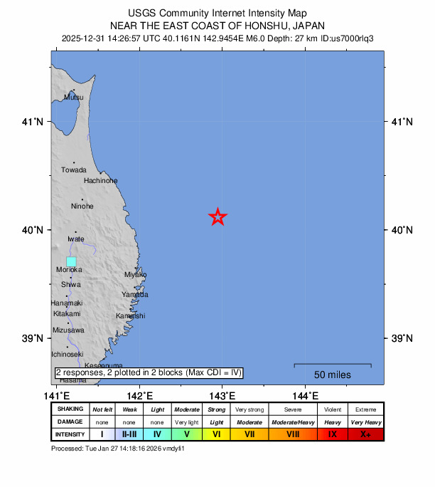 USGS DYFI community-reported intensity map for the M6.0 earthquake near 96 km E of Noda, Japan
